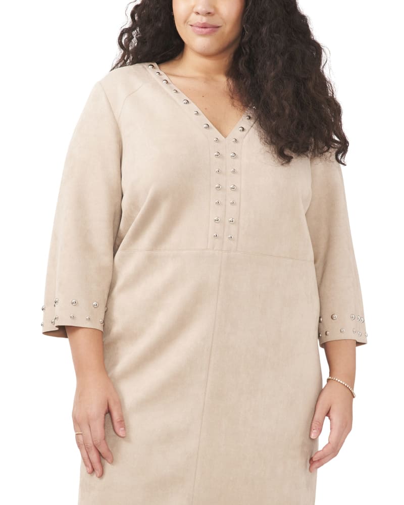 Front of a model wearing a size 1X Ashanti Studded Dress in Latte by Vince Camuto. | dia_product_style_image_id:261474